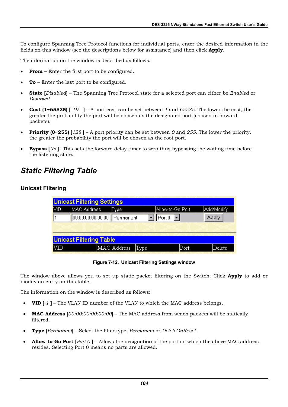 Static filtering table, Unicast filtering | D-Link DES-3226 User Manual | Page 114 / 179