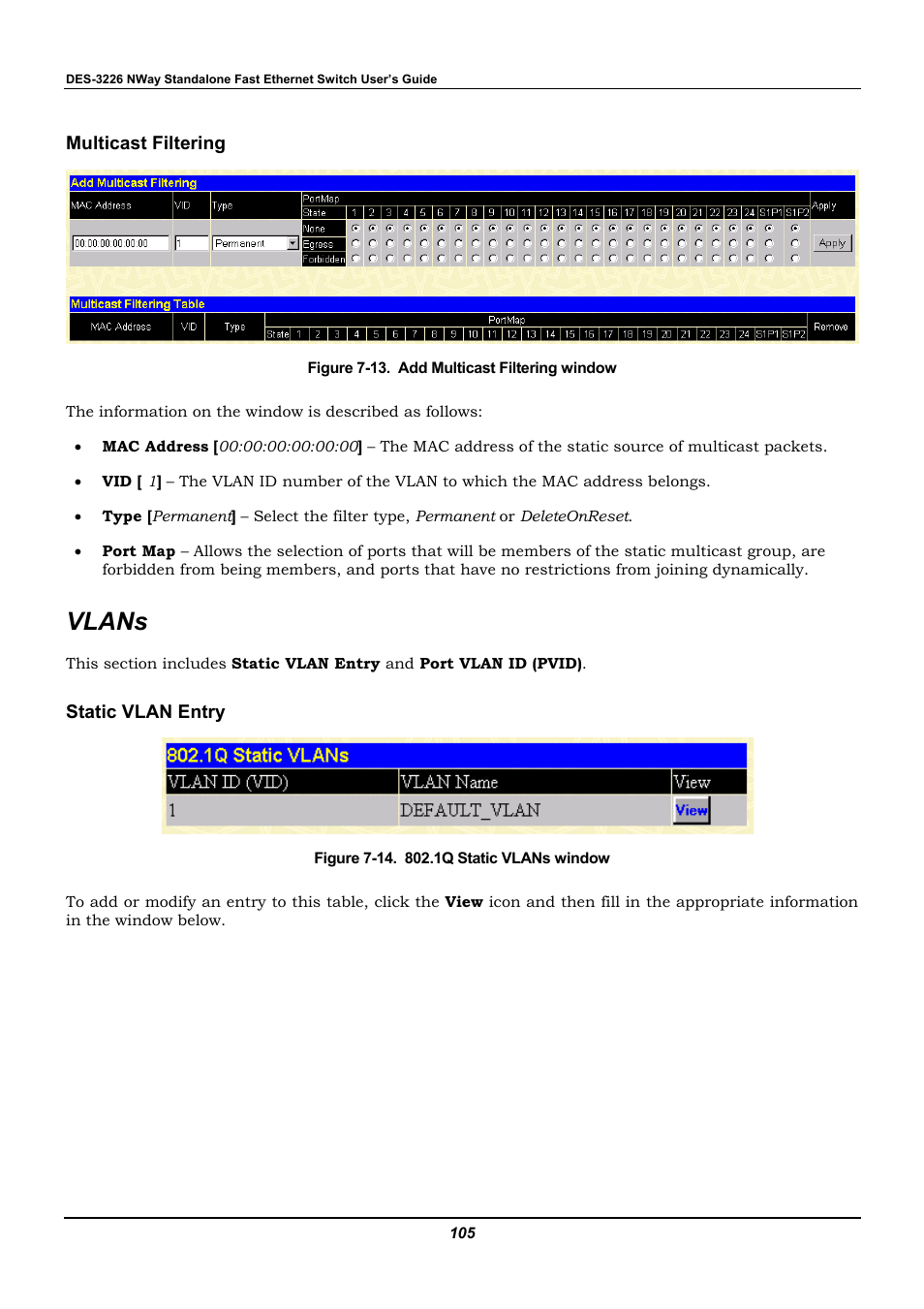 Multicast filtering, Vlans, Static vlan entry | D-Link DES-3226 User Manual | Page 115 / 179