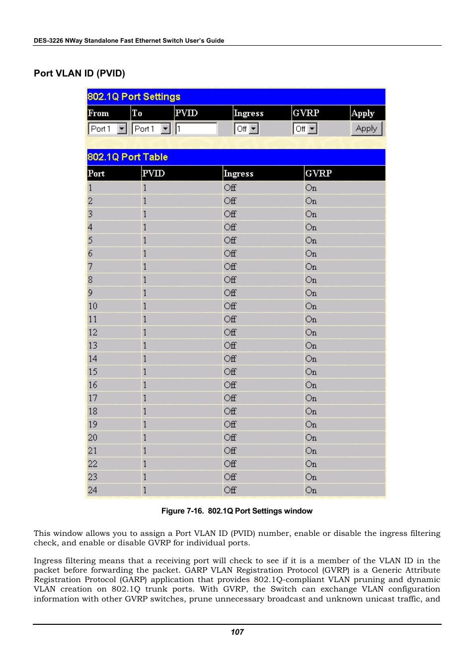 Port vlan id (pvid) | D-Link DES-3226 User Manual | Page 117 / 179