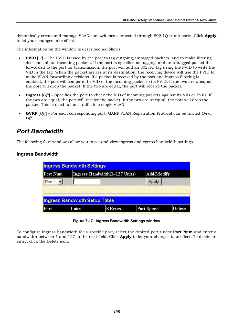 Port bandwidth, Ingress bandwidth | D-Link DES-3226 User Manual | Page 118 / 179