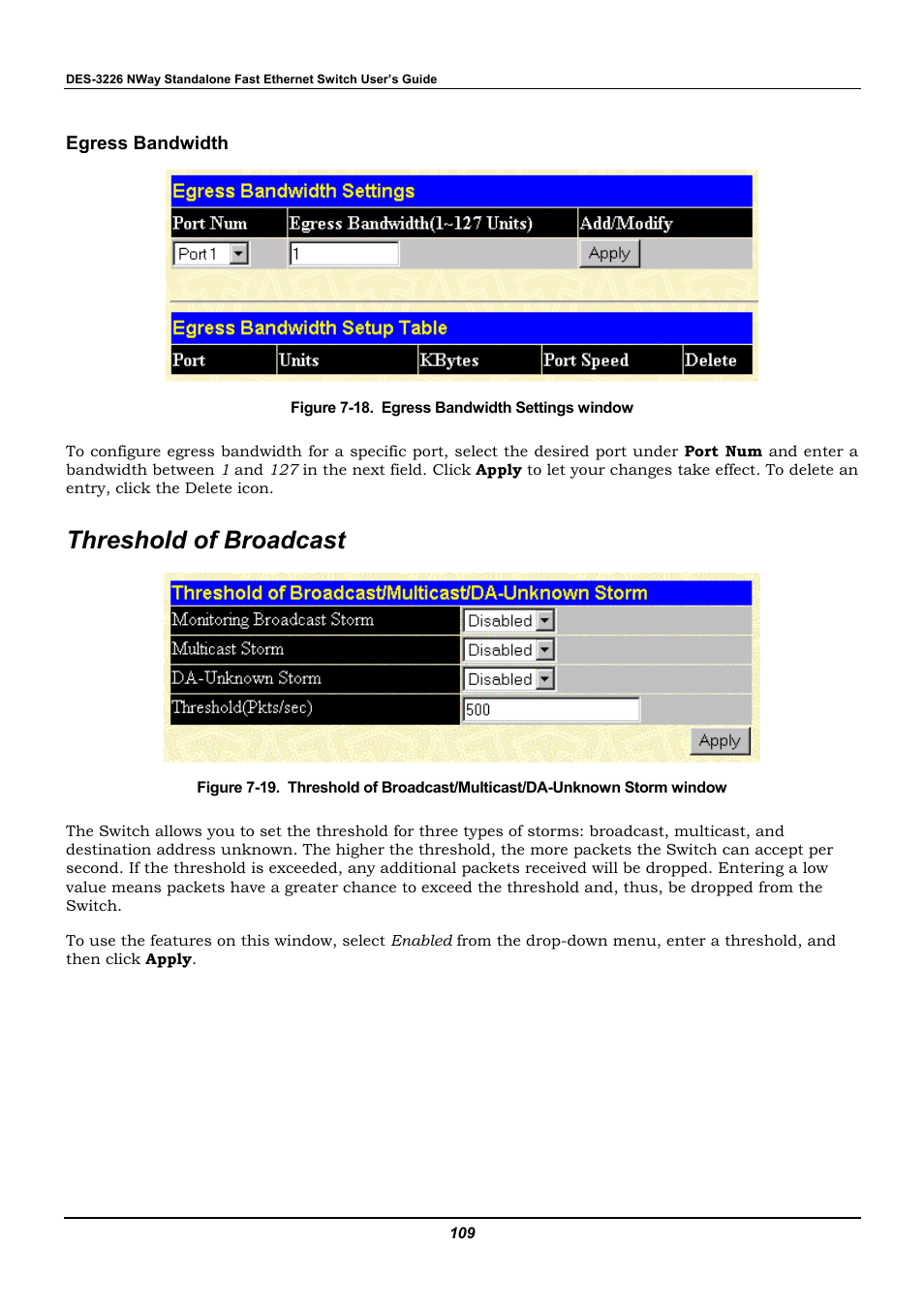 Egress bandwidth, Threshold of broadcast | D-Link DES-3226 User Manual | Page 119 / 179