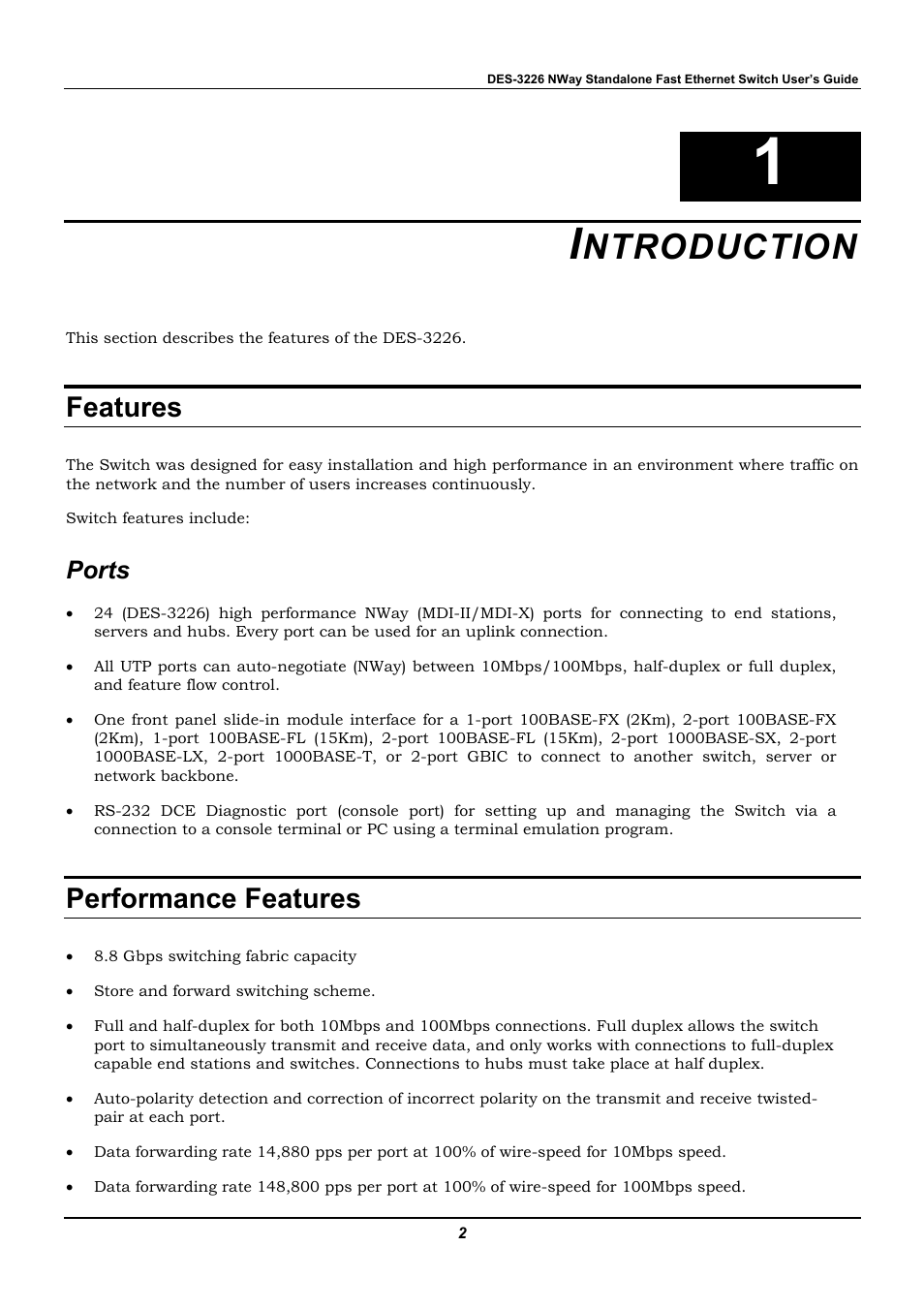 Introduction, Features, Ports | Performance features, Ntroduction | D-Link DES-3226 User Manual | Page 12 / 179