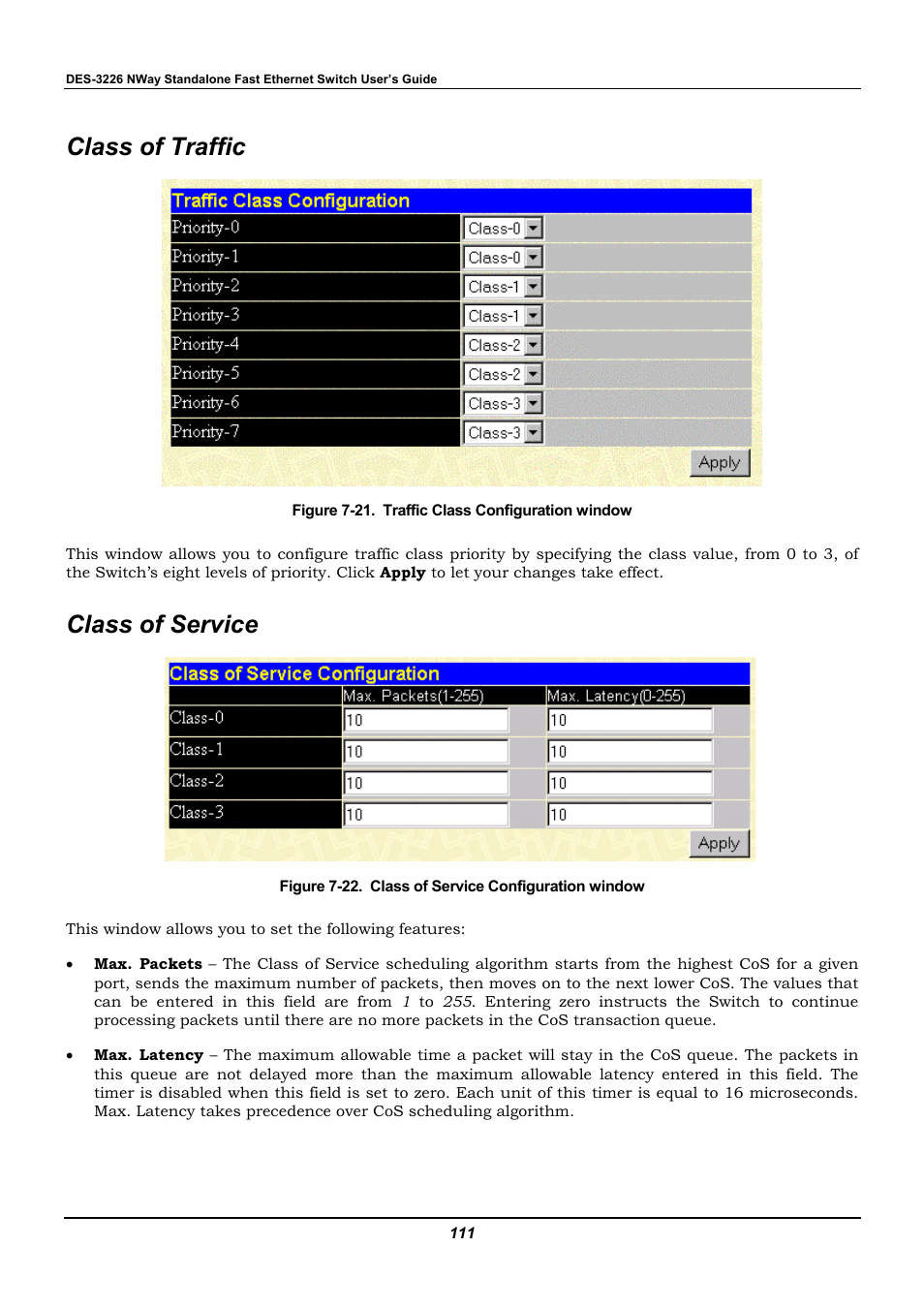 Class of traffic, Class of service | D-Link DES-3226 User Manual | Page 121 / 179