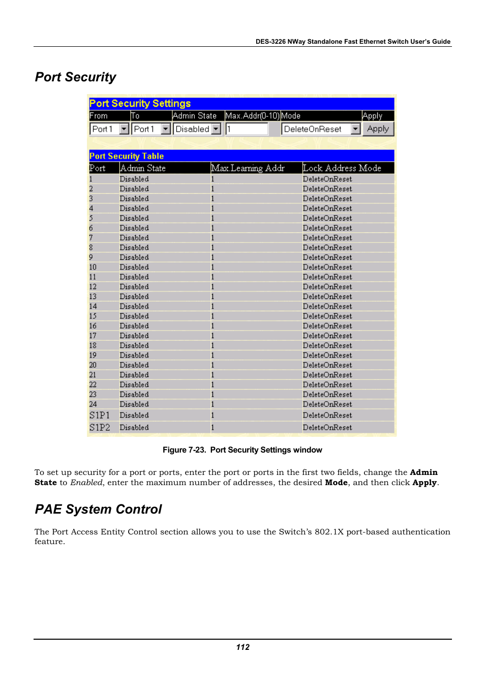 Port security, Pae system control | D-Link DES-3226 User Manual | Page 122 / 179