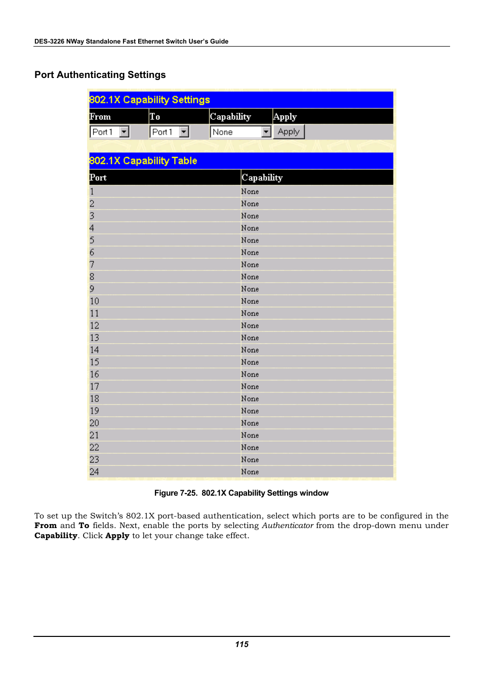 Port authenticating settings | D-Link DES-3226 User Manual | Page 125 / 179