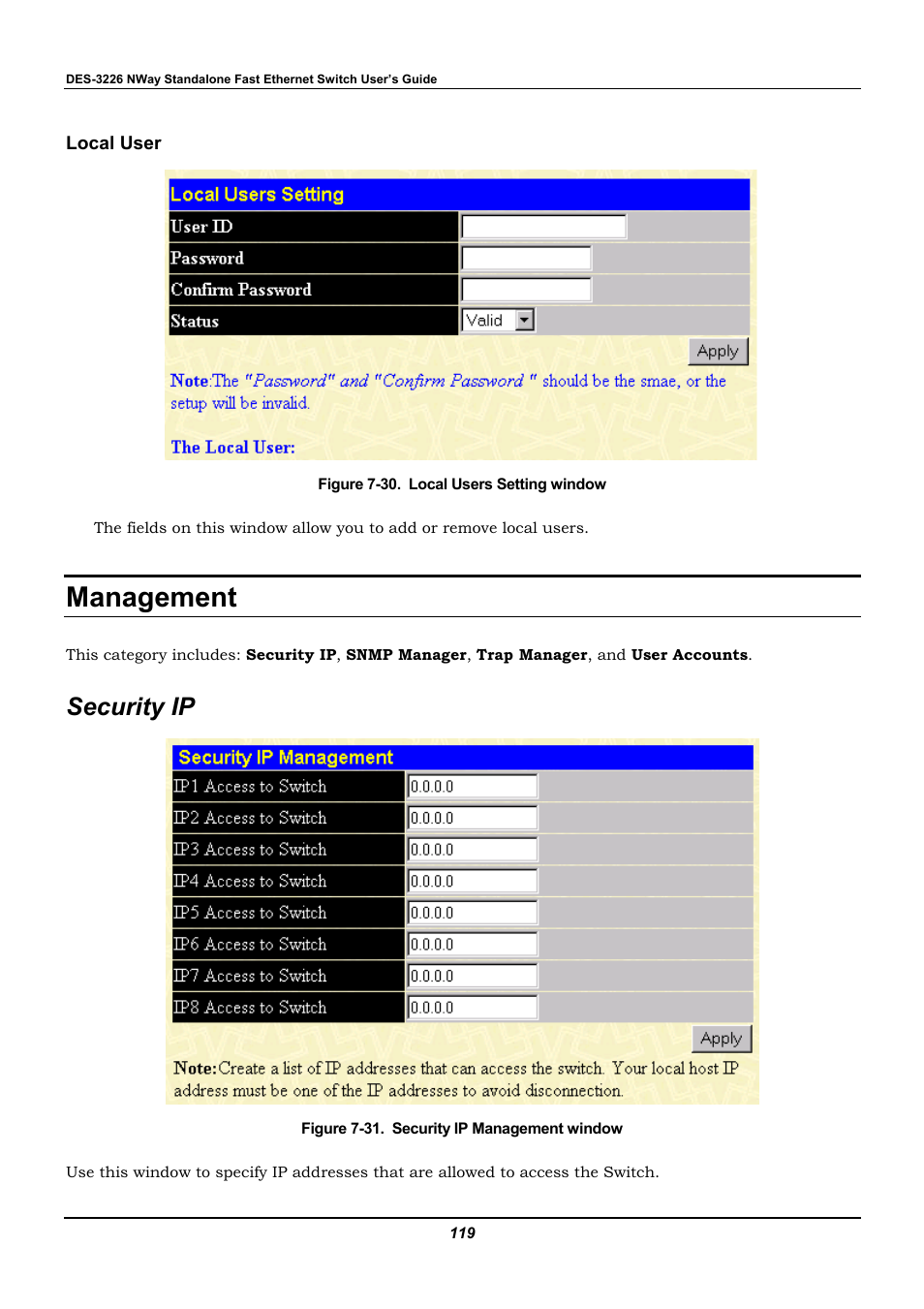 Local user, Management, Security ip | D-Link DES-3226 User Manual | Page 129 / 179