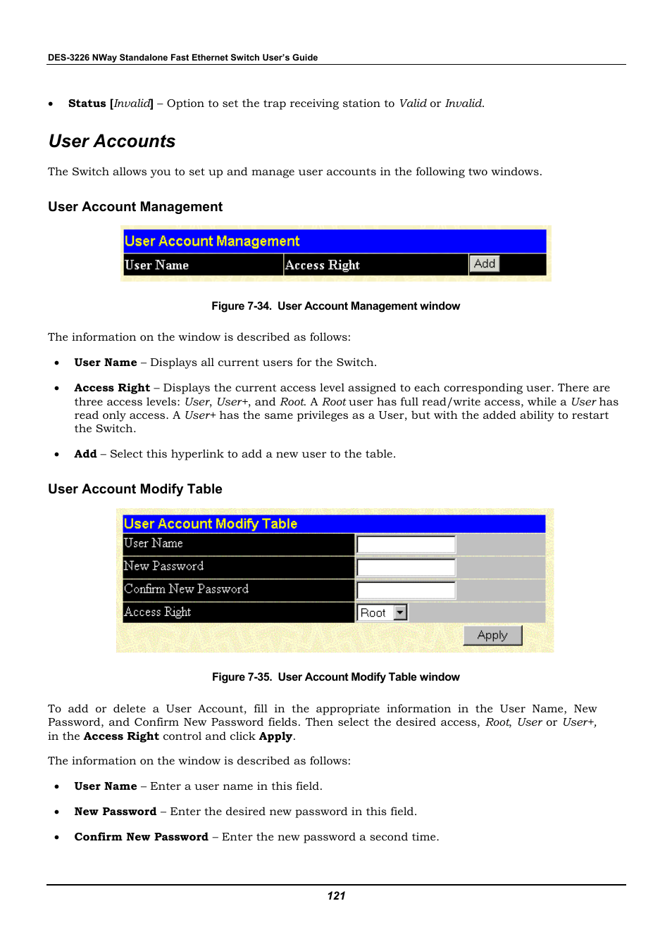 User accounts, User account management, User account modify table | D-Link DES-3226 User Manual | Page 131 / 179