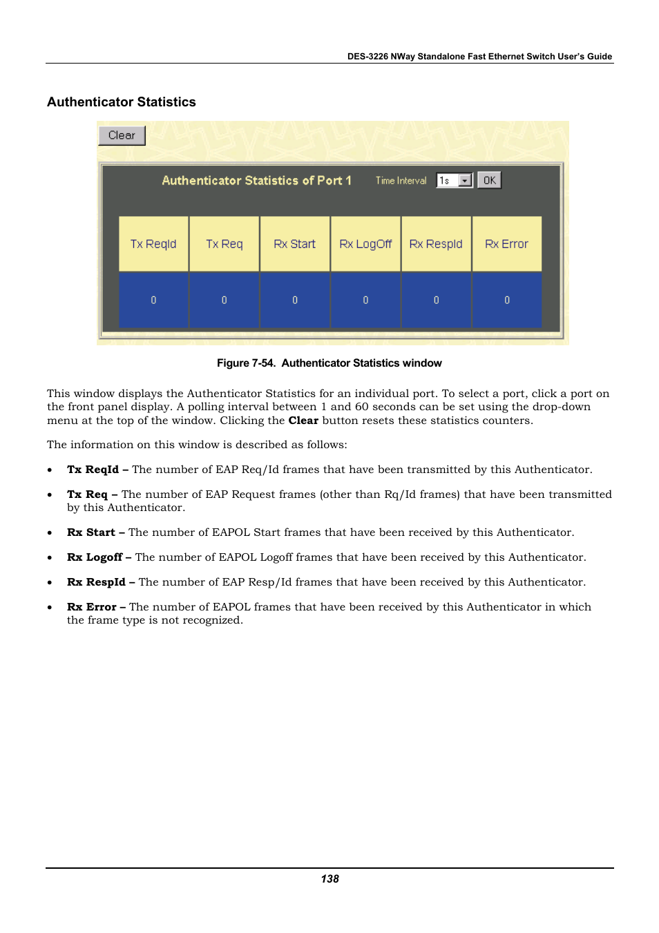 Authenticator statistics | D-Link DES-3226 User Manual | Page 148 / 179