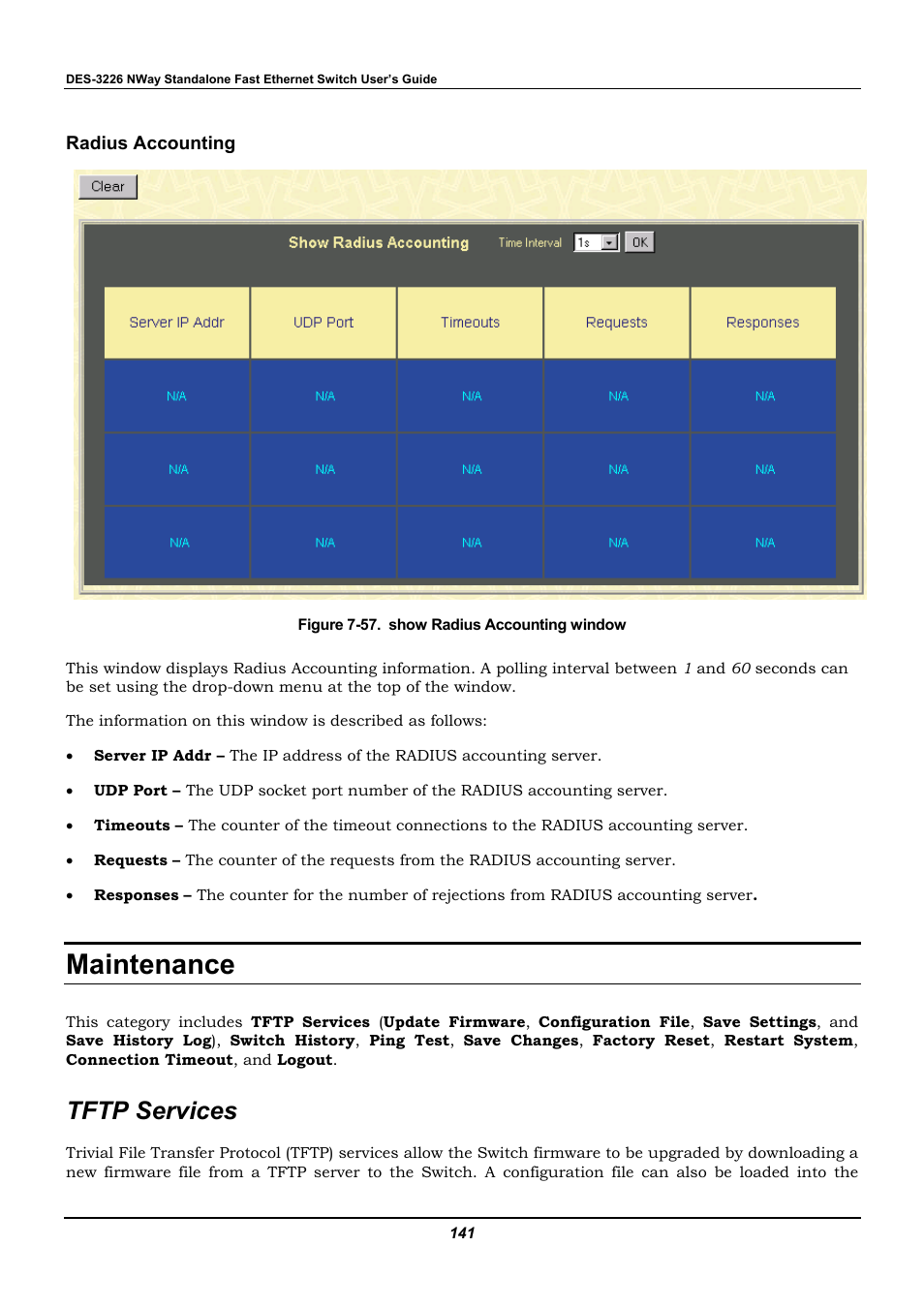 Radius accounting, Maintenance, Tftp services | D-Link DES-3226 User Manual | Page 151 / 179