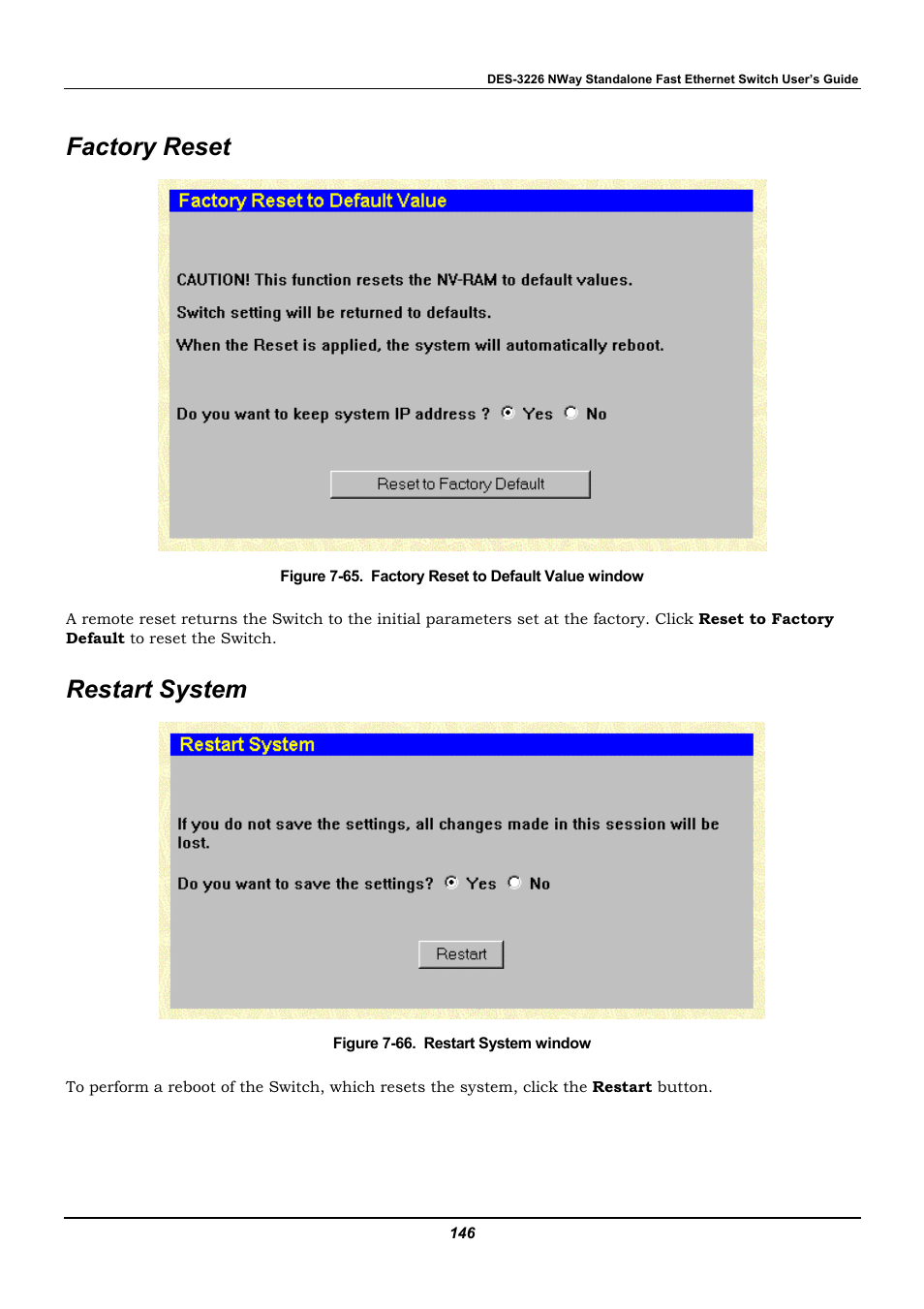 Factory reset, Restart system | D-Link DES-3226 User Manual | Page 156 / 179