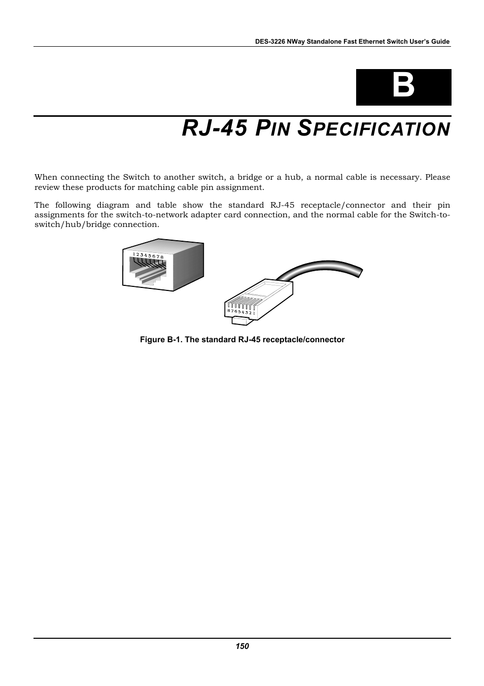Rj-45 pin specification, Rj-45 p, Pecification | D-Link DES-3226 User Manual | Page 160 / 179