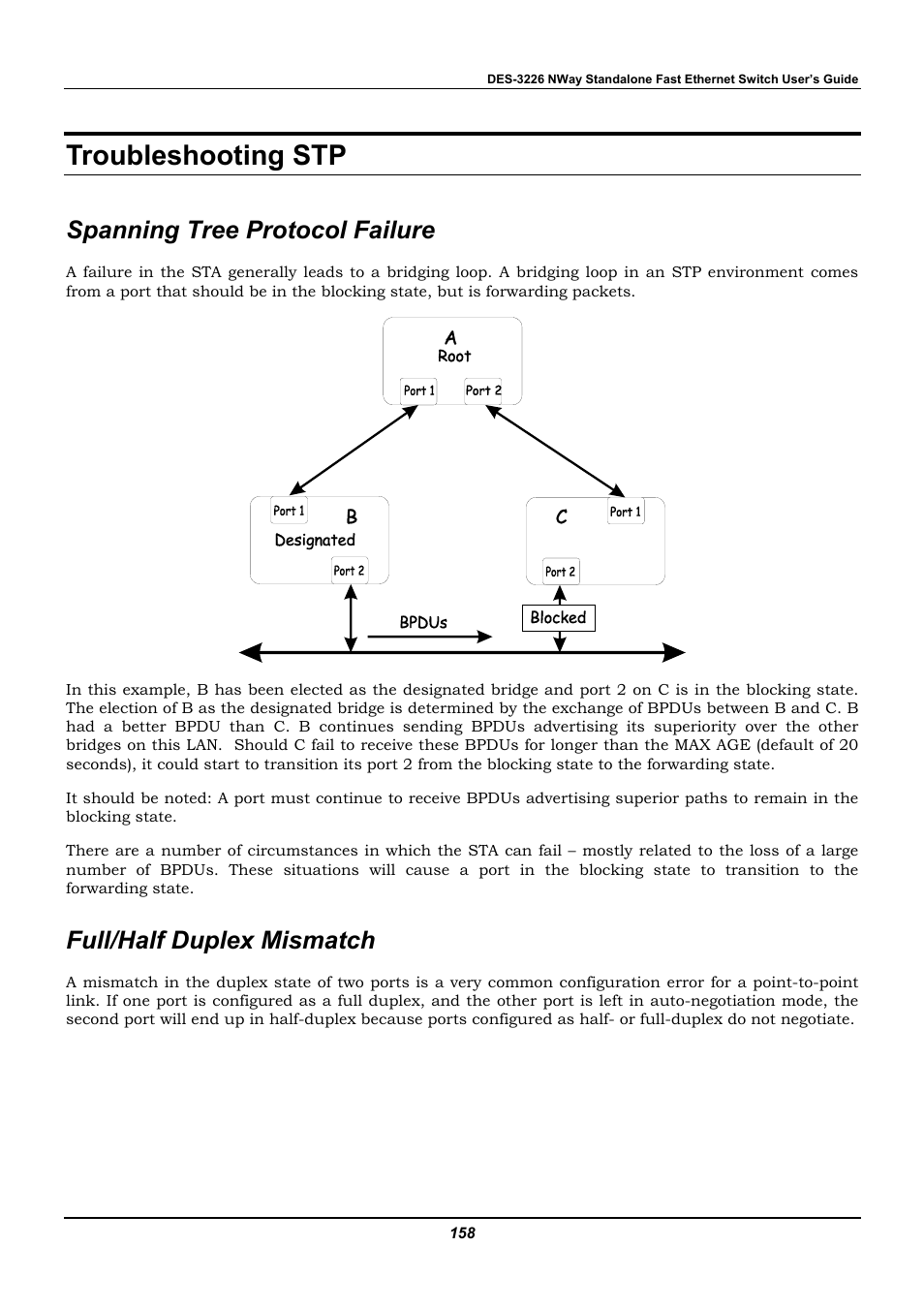 Troubleshooting stp, Spanning tree protocol failure, Full/half duplex mismatch | D-Link DES-3226 User Manual | Page 168 / 179