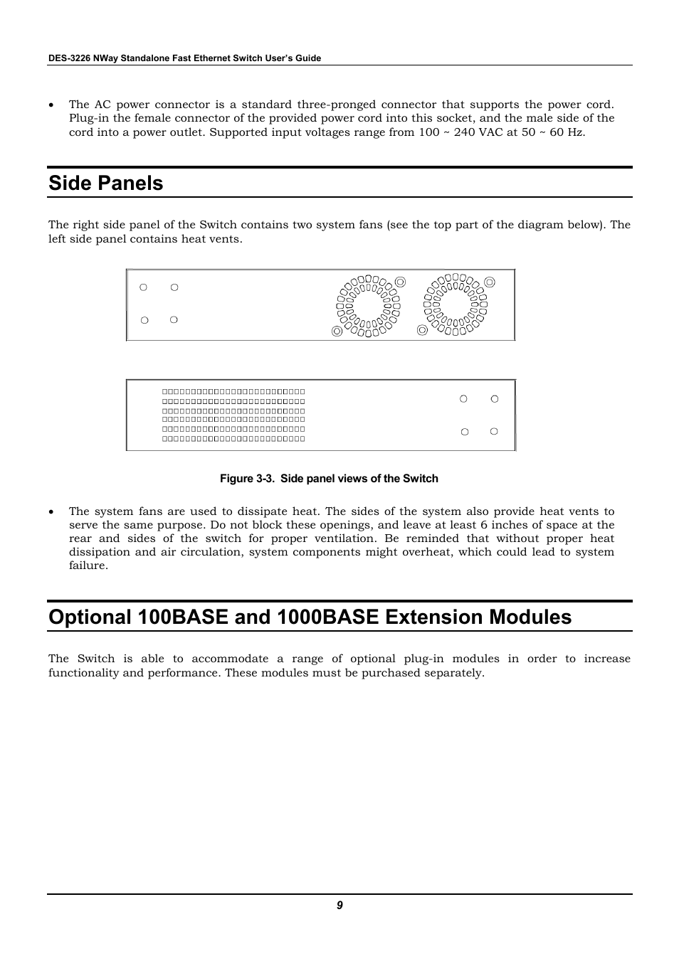 Side panels, Optional 100base and 1000base extension modules | D-Link DES-3226 User Manual | Page 19 / 179