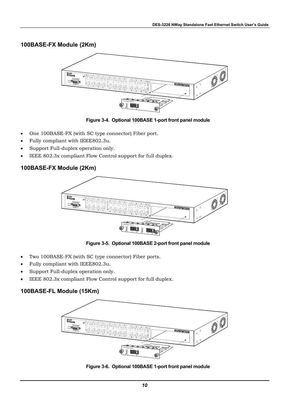 100base-fx module (2km), 100base-fl module (15km) | D-Link DES-3226 User Manual | Page 20 / 179