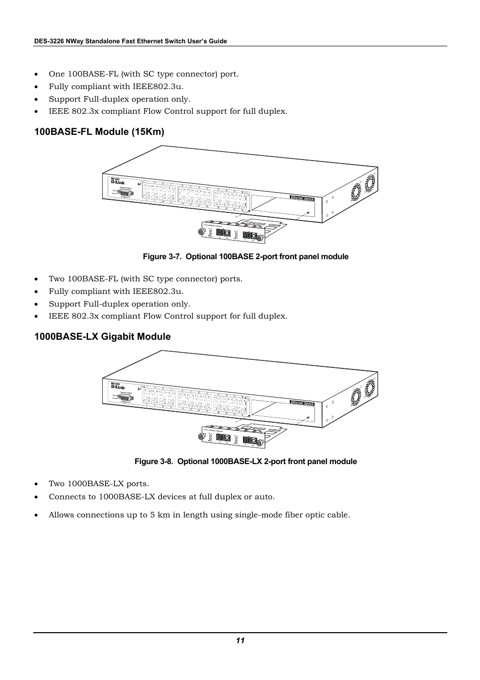 100base-fl module (15km), 1000base-lx gigabit module | D-Link DES-3226 User Manual | Page 21 / 179