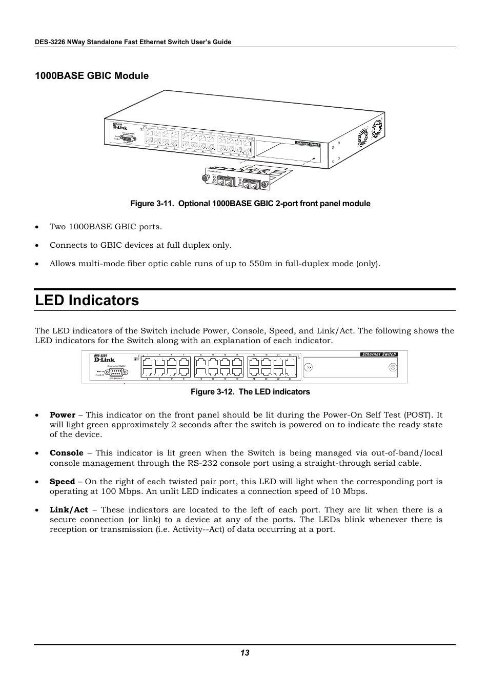 1000base gbic module, Led indicators | D-Link DES-3226 User Manual | Page 23 / 179