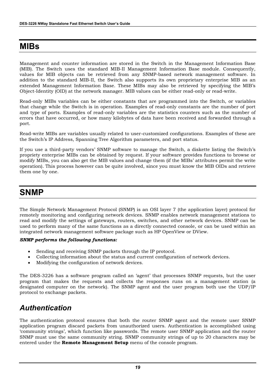 Mibs, Snmp, Authentication | D-Link DES-3226 User Manual | Page 29 / 179