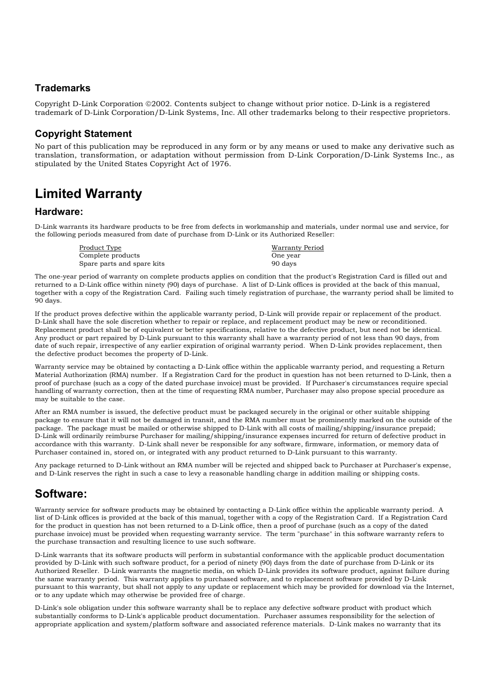 Limited warranty, Software, Trademarks | Copyright statement, Hardware | D-Link DES-3226 User Manual | Page 3 / 179