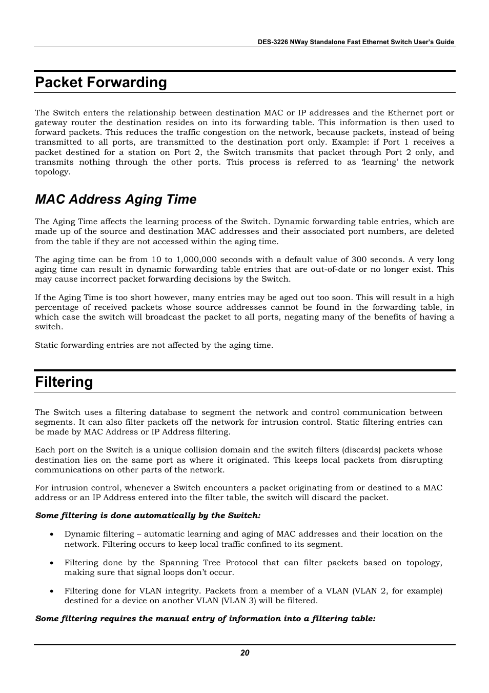 Packet forwarding, Mac address aging time, Filtering | D-Link DES-3226 User Manual | Page 30 / 179