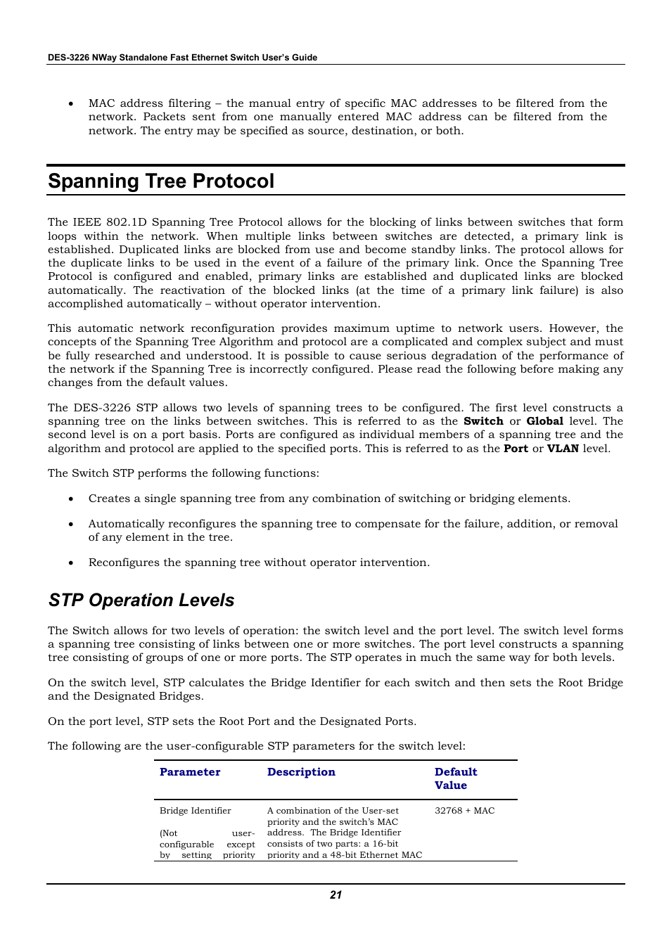 Spanning tree protocol, Stp operation levels | D-Link DES-3226 User Manual | Page 31 / 179