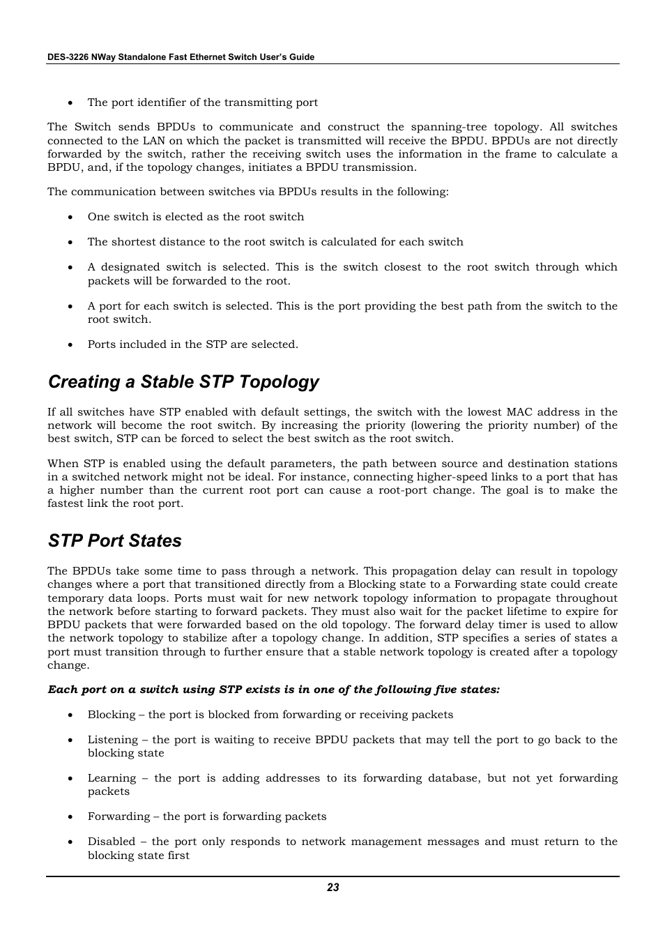 Creating a stable stp topology, Stp port states | D-Link DES-3226 User Manual | Page 33 / 179