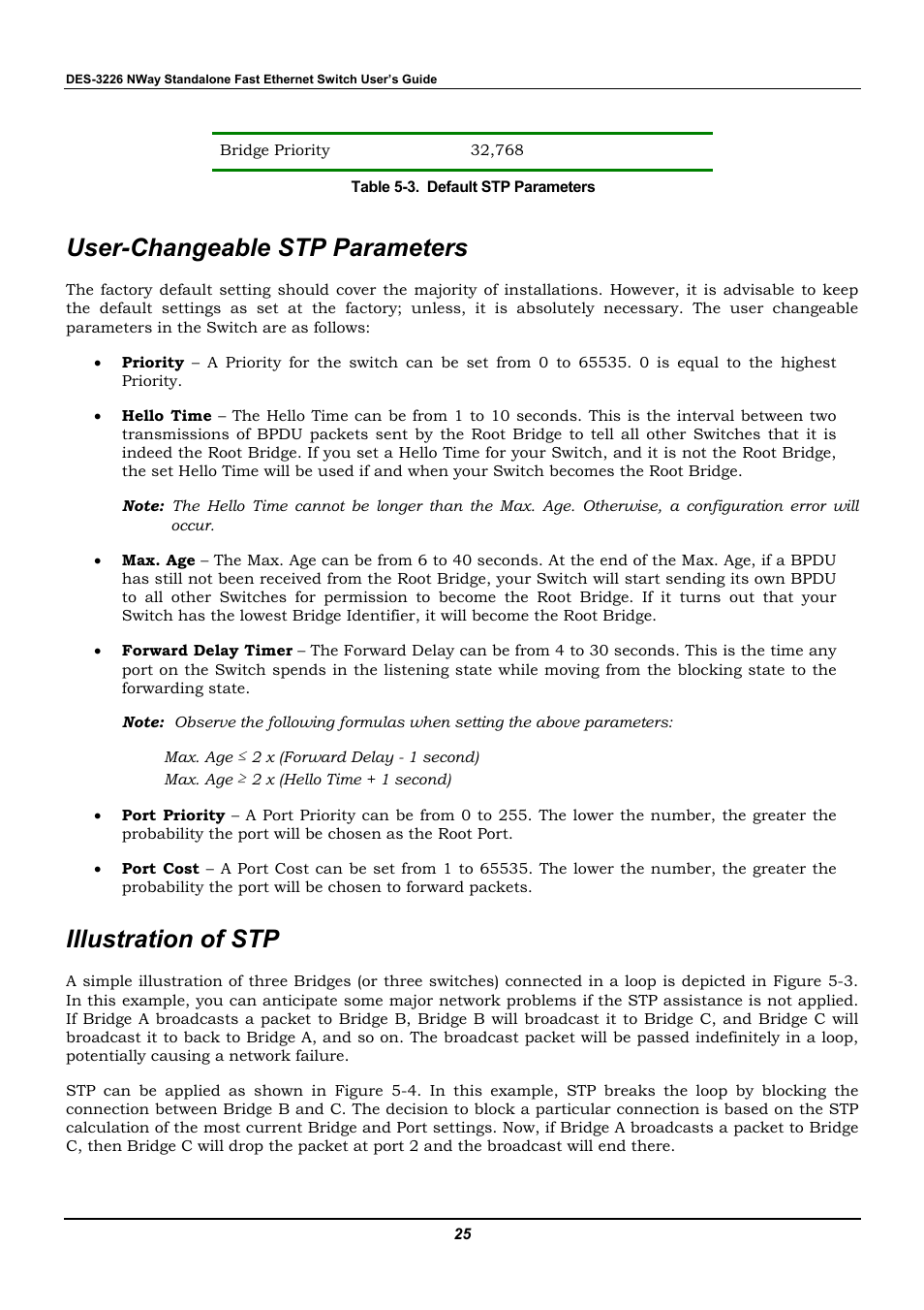 User-changeable stp parameters, Illustration of stp | D-Link DES-3226 User Manual | Page 35 / 179