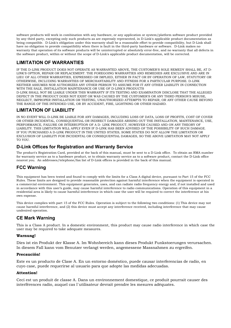 Limitation of warranties, Limitation of liability, Fcc warning | Ce mark warning | D-Link DES-3226 User Manual | Page 4 / 179