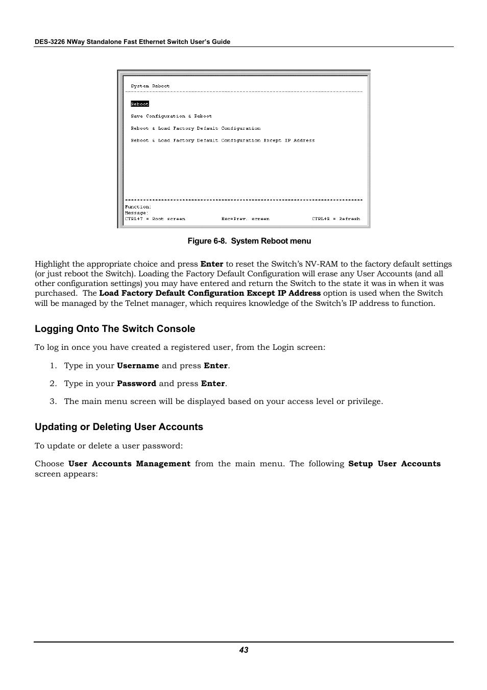 Logging onto the switch console, Updating or deleting user accounts | D-Link DES-3226 User Manual | Page 53 / 179