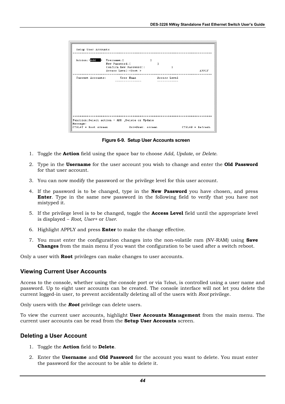 Viewing current user accounts, Deleting a user account | D-Link DES-3226 User Manual | Page 54 / 179