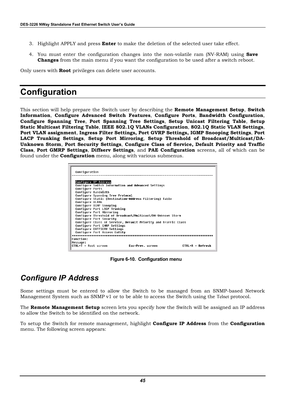 Configuration, Configure ip address | D-Link DES-3226 User Manual | Page 55 / 179