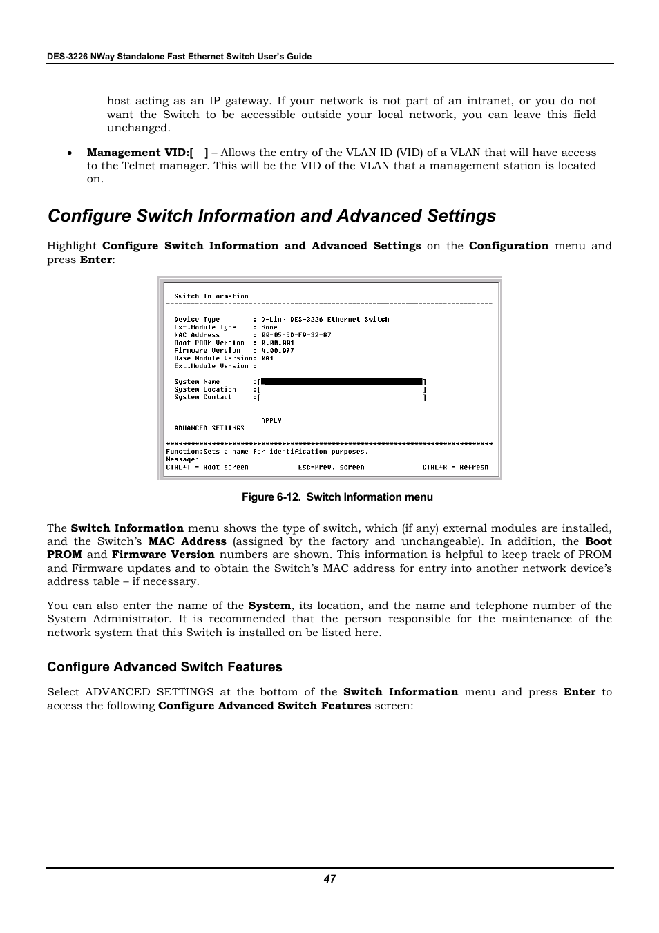 Configure switch information and advanced settings, Configure advanced switch features | D-Link DES-3226 User Manual | Page 57 / 179