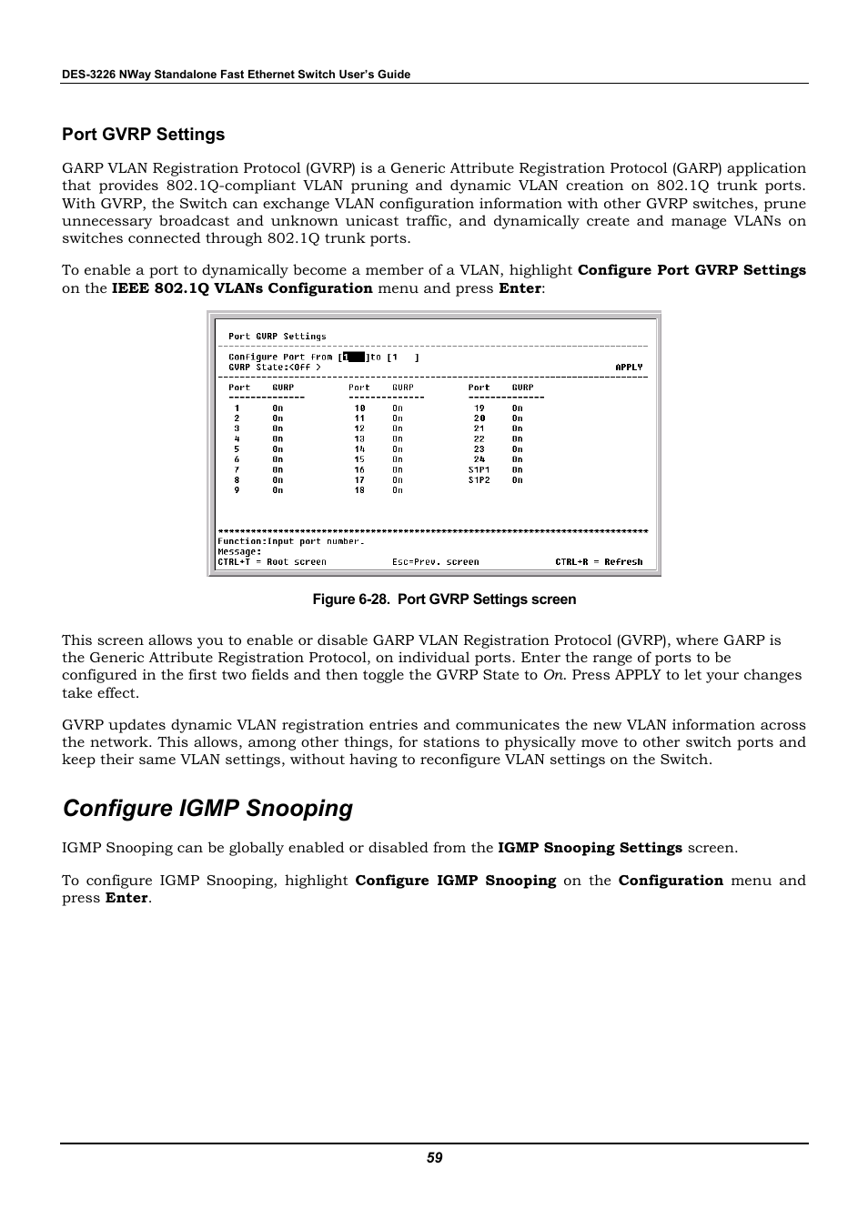 Port gvrp settings, Configure igmp snooping | D-Link DES-3226 User Manual | Page 69 / 179