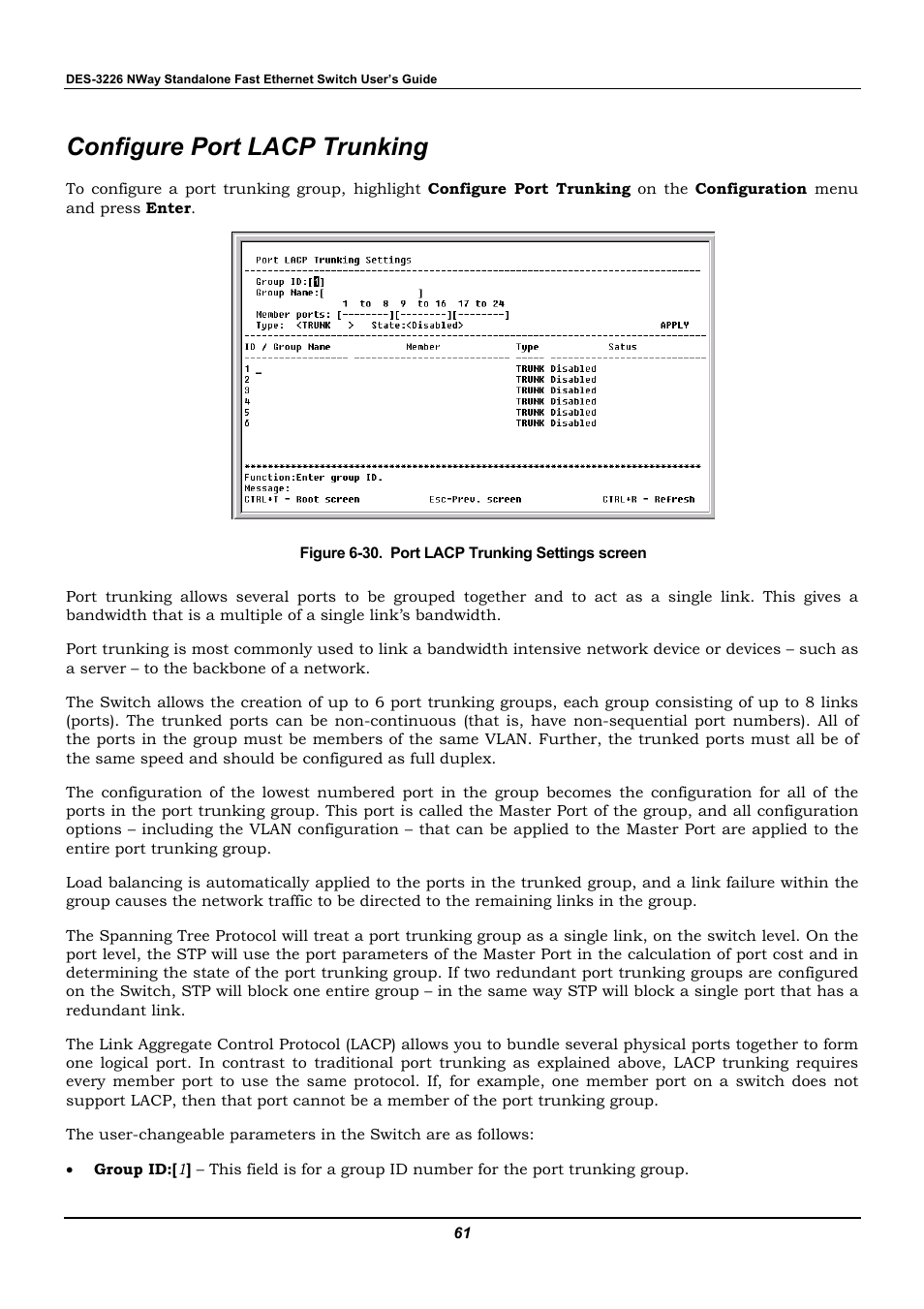 Configure port lacp trunking | D-Link DES-3226 User Manual | Page 71 / 179