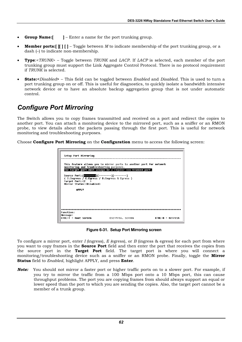 Configure port mirroring | D-Link DES-3226 User Manual | Page 72 / 179