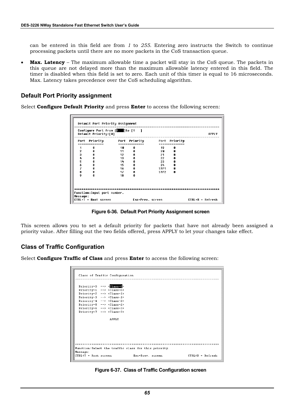 Default port priority assignment, Class of traffic configuration | D-Link DES-3226 User Manual | Page 75 / 179