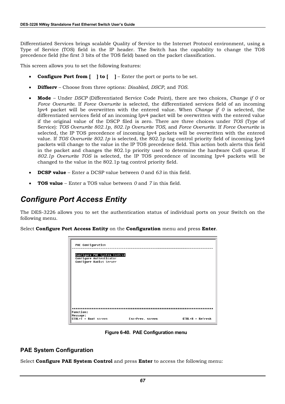 Configure port access entity, Pae system configuration | D-Link DES-3226 User Manual | Page 77 / 179