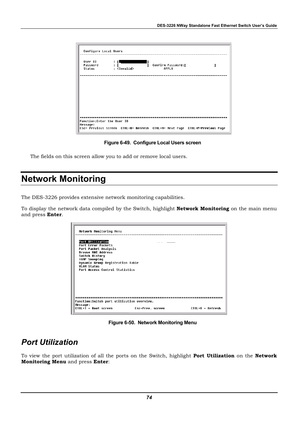 Network monitoring, Port utilization | D-Link DES-3226 User Manual | Page 84 / 179