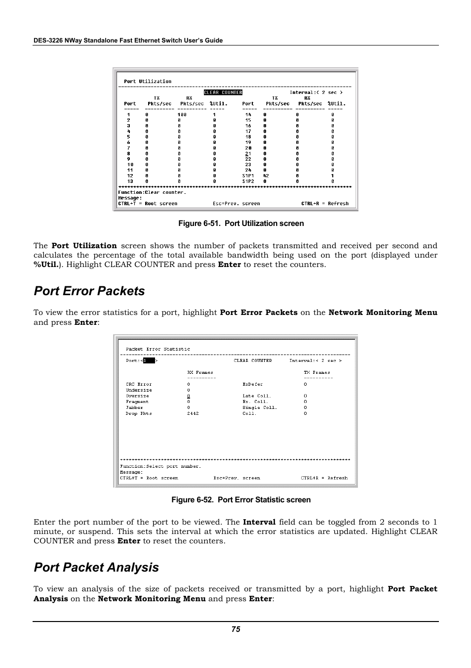 Port error packets, Port packet analysis | D-Link DES-3226 User Manual | Page 85 / 179