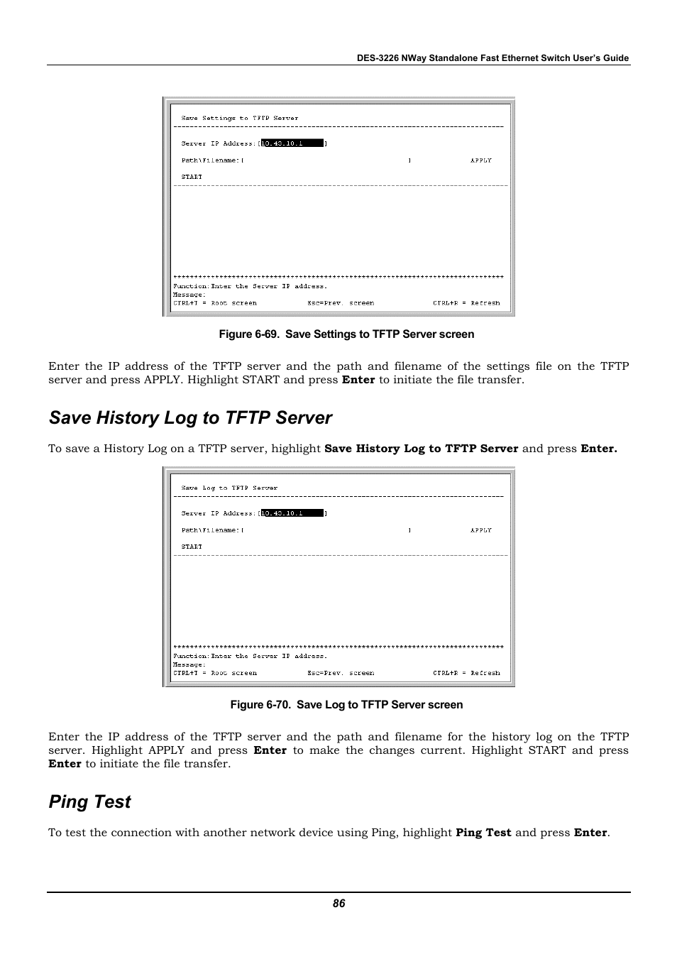 Save history log to tftp server, Ping test | D-Link DES-3226 User Manual | Page 96 / 179