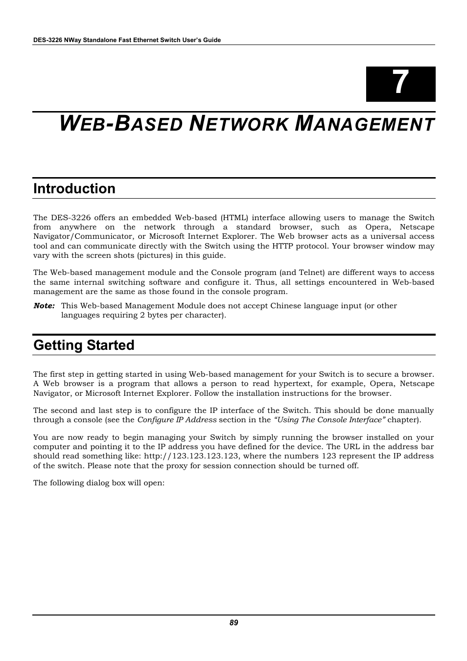 Web-based network management, Introduction, Getting started | Ased, Etwork, Anagement | D-Link DES-3226 User Manual | Page 99 / 179