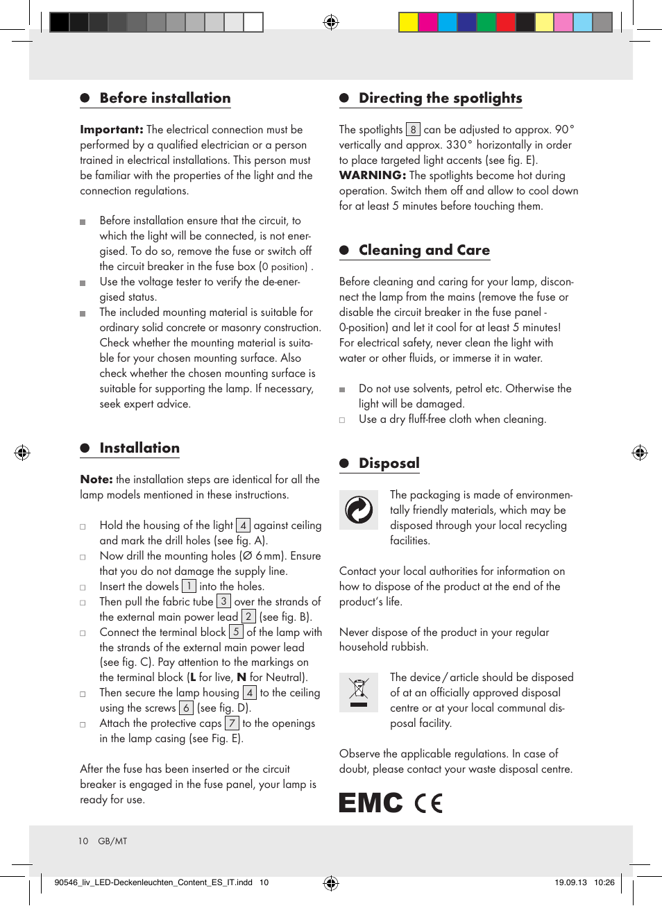 Before installation, Installation, Directing the spotlights | Cleaning and care, Disposal | Livarno Z31708A/Z31708B/ Z31708C/Z31708D User Manual | Page 10 / 16