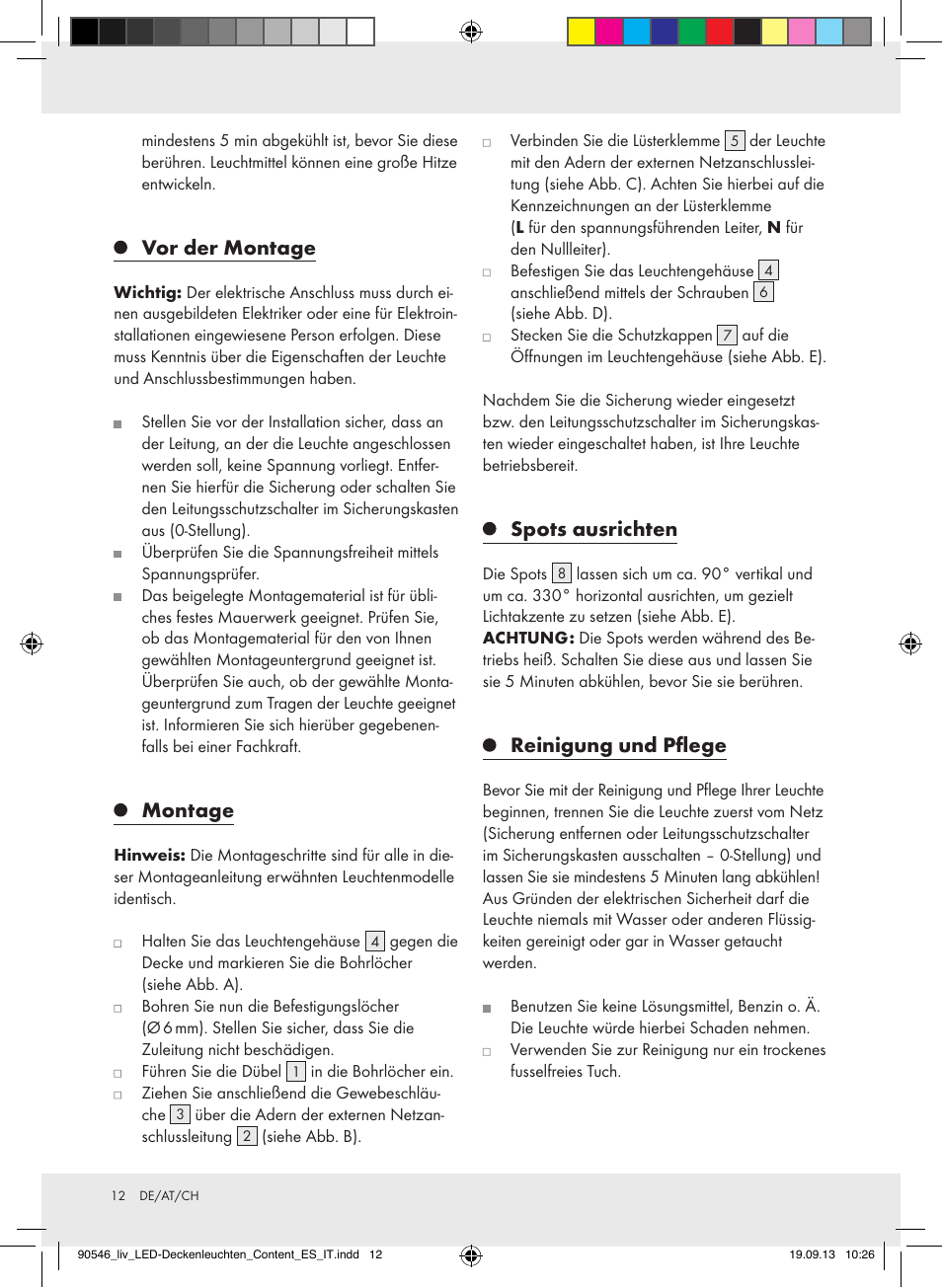 Vor der montage, Montage, Spots ausrichten | Reinigung und pflege | Livarno Z31708A/Z31708B/ Z31708C/Z31708D User Manual | Page 12 / 16