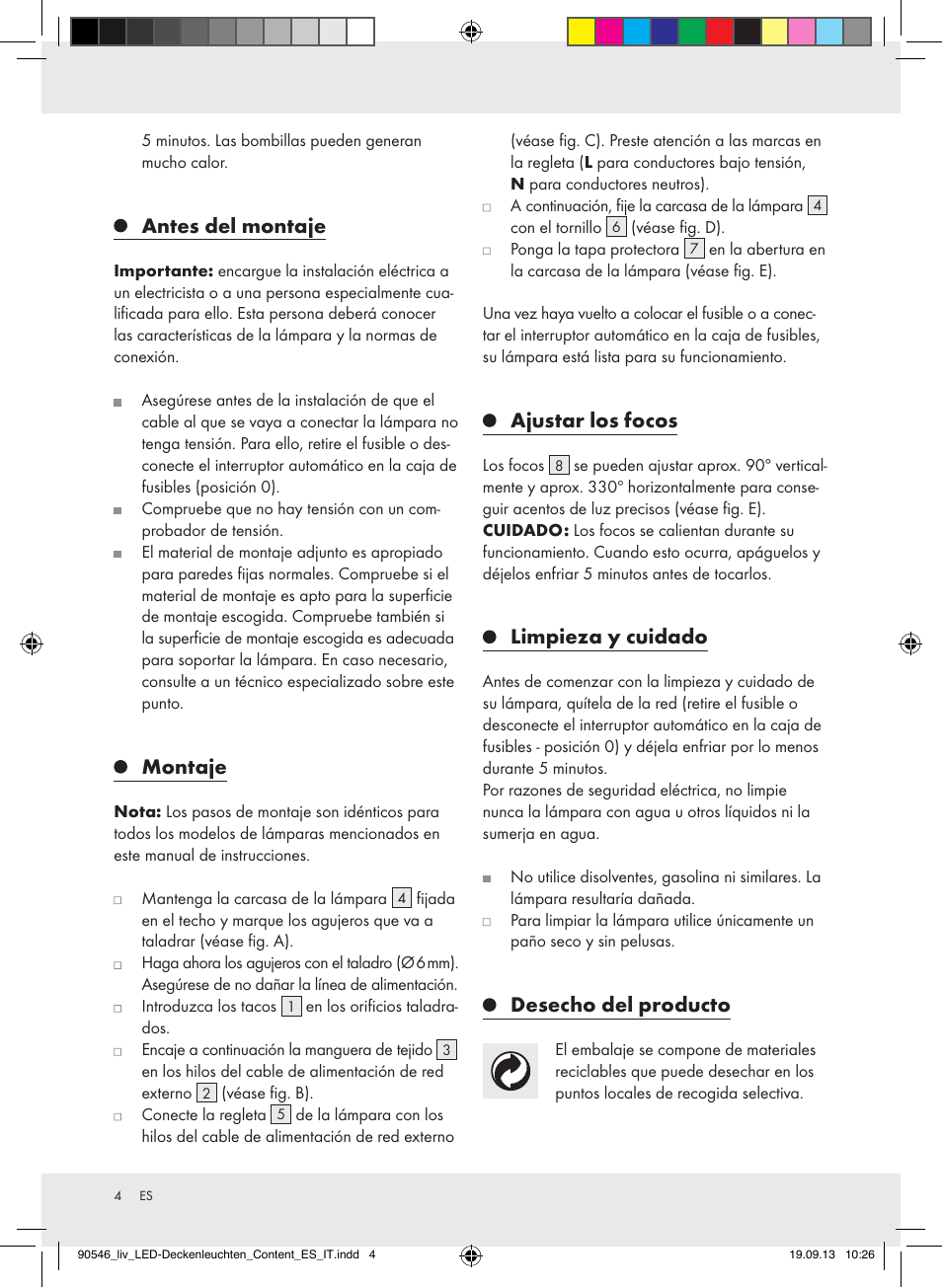 Antes del montaje, Montaje, Ajustar los focos | Limpieza y cuidado, Desecho del producto | Livarno Z31708A/Z31708B/ Z31708C/Z31708D User Manual | Page 4 / 16