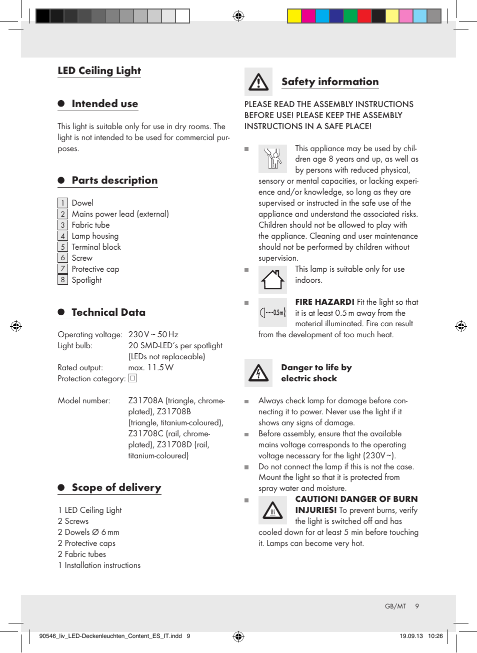 Led ceiling light, Intended use, Parts description | Technical data, Scope of delivery, Safety information | Livarno Z31708A/Z31708B/ Z31708C/Z31708D User Manual | Page 9 / 16