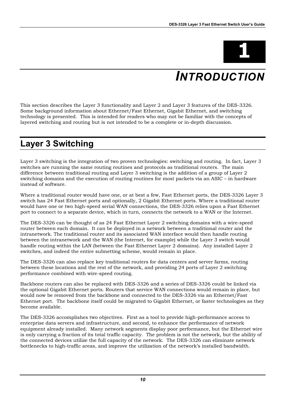 Introduction, Layer 3 switching, Ntroduction | D-Link DES-3326 User Manual | Page 10 / 285