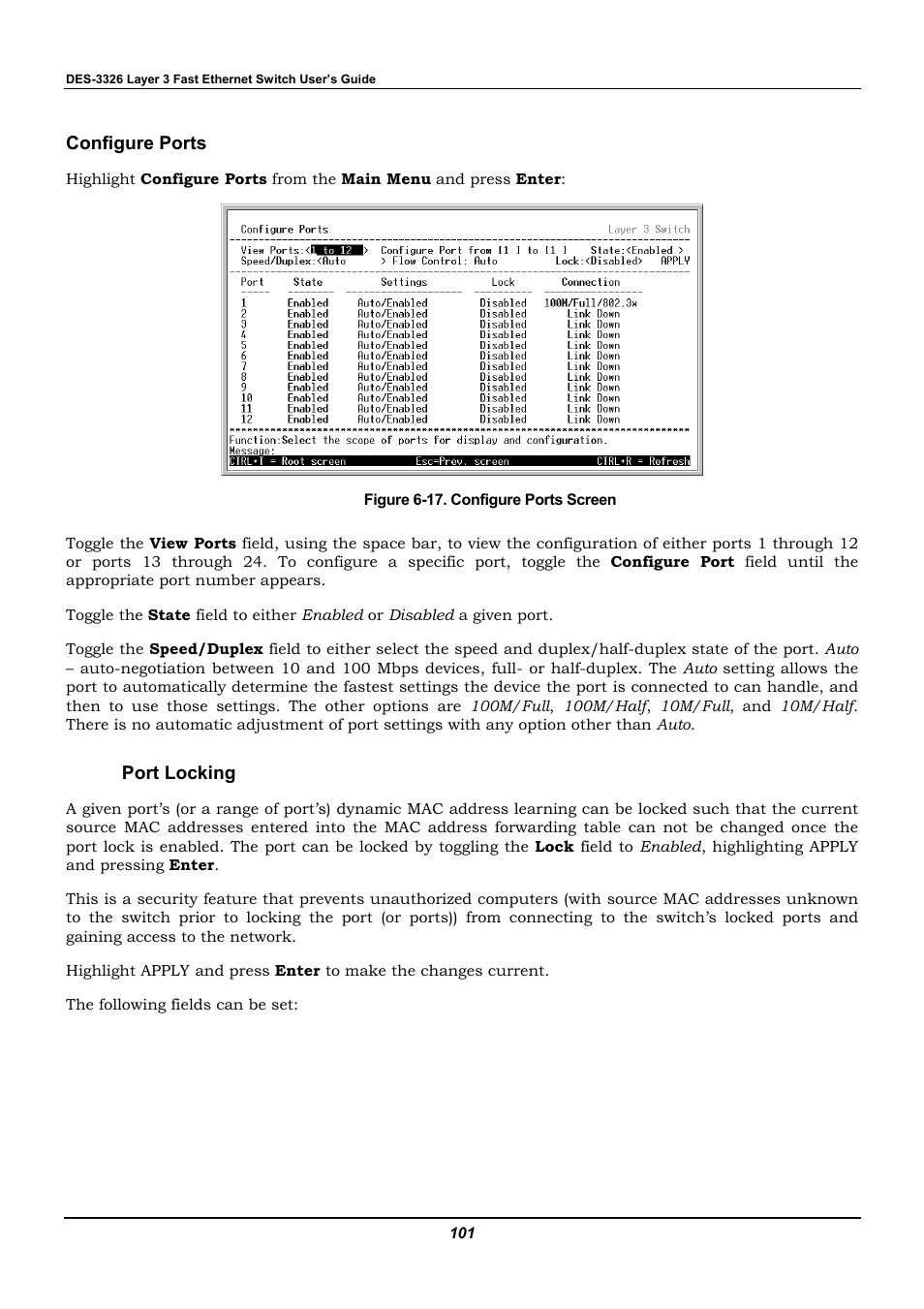 Configure ports, Port locking | D-Link DES-3326 User Manual | Page 101 / 285