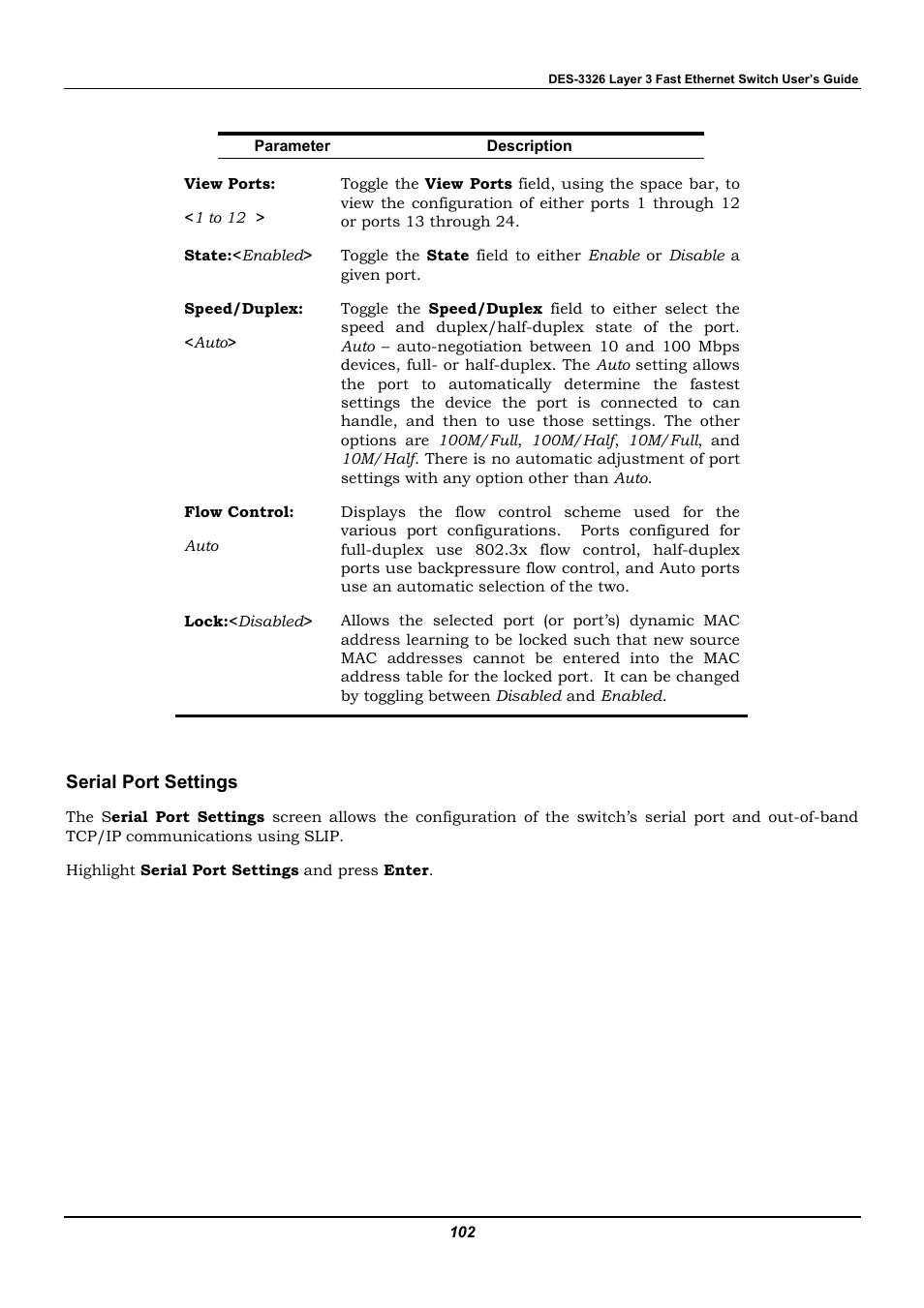 Serial port settings | D-Link DES-3326 User Manual | Page 102 / 285