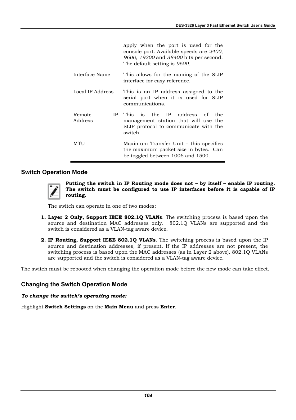 Switch operation mode, Changing the switch operation mode | D-Link DES-3326 User Manual | Page 104 / 285