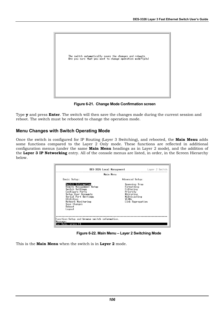 Menu changes with switch operating mode | D-Link DES-3326 User Manual | Page 106 / 285