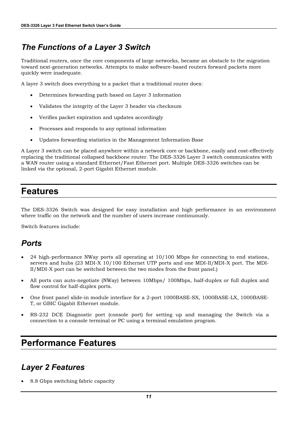 The functions of a layer 3 switch, Features, Ports | Performance features, Layer 2 features | D-Link DES-3326 User Manual | Page 11 / 285